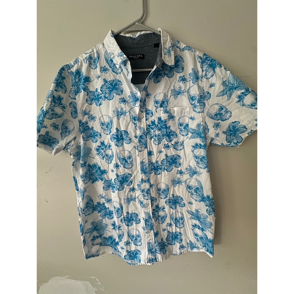 Brave Soul London Mens Skull Hibiscus Floral Button Down Shirt Blue White Medium